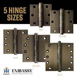 Embassy Door Hinge Solid Brass - 4 x 4 Inch, Heavy Duty, Antique Brass, Ball Bearings, Rust Resistant Stainless Steel Pin, Architectural Designer Grade, Home Improvement, 3 Pack