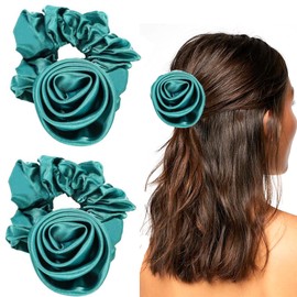 Flower Rose Hair Scrunchies for Women - 2 Pack Satin Silk Hair Ties, Soft Hair Accessories for Women Girls, Elegant Floral Hair Bands for Wedding, Party, Daily Use (Green)