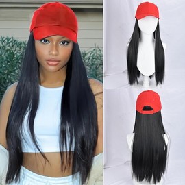ASAYUMI Baseball Cap with Attached Long Straight Black Hair Extension Wig, 22 Inches, Red Baseball Cap Adjustable Hat with Hair for Women