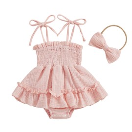 Newborn Baby Girl Romper Dress Summer Clothes Boho Photoshoot Outfits with Headband Solid Pink 6-12 Months