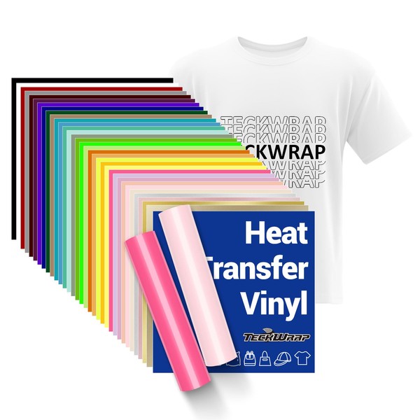 TECKWRAP Heat Transfer Vinyl 12" x 12" Sheets 33 Assorted Color HTV Vinyl for DIY Clothing,Shirts,Logos,Hats,Fabric Iron on Vinyl Compatible with Heat Press Craft Cutters