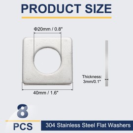 uxcell 8 Pcs Flat Square Plate Washer, 20MM ID x 40MM OD x 3MM Thick 304 Stainless Steel Flat Pad Spacer Gasket for Bolts Factories Bathroom Repair Shops Construction, Silver