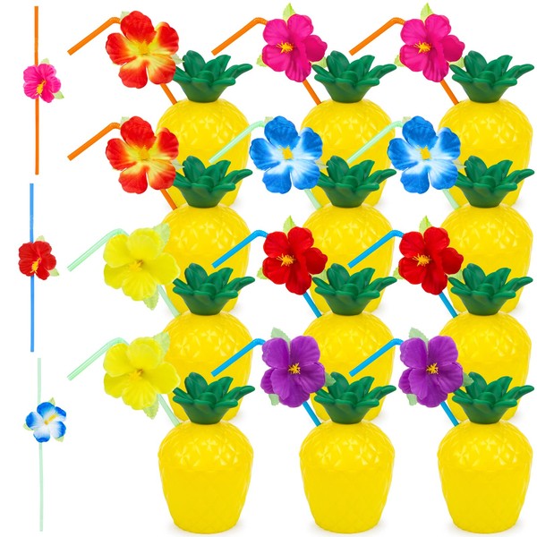FUTUREPLUSX Pineapple Cups, 12PCS Plastic Pineapple Cups with Lids and Straws for Hawaiian Party