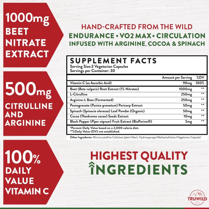 TruWild All Natural Beet Root Powder, Nitric Oxide Booster, 1000mg,