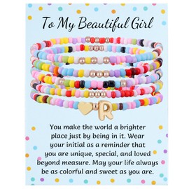 MIXJOY Colorful Initial Bracelet Set - Initial R Bohemian Beaded Bracelet Gift for Women's Christmas Birthday, 5 Stackable Stretch Golden Heart Letter R Jewelry Colorful Friendship Gift Set for Her