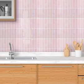 Commomy Peel and Stick Tile - 10 Pcs of 12'' x 12'' Vertical 3D Pink Peel and Stick Backsplash for Kitchen and Bathroom Interior Wall Tile(Glossy Surface, Covers 10 sq.ft)