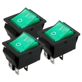 Unlorspy 3Pcs KCD4 Rocker Switch DPST 4 Pins 2 Position (ON Off) Boat Rocker Toggle Switch KCD4 Latching Rocker Switch with Green LED Light (Green,16A 250V 20A 125V)