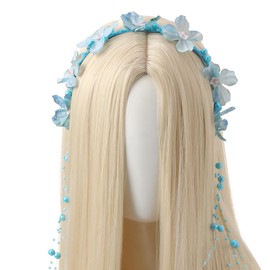 PartyforU Blue Fairy Headband for Women - Bohemian Flower Headpiece with Pearl Vines for Bride Wedding Bridal Shower, Floral Hairband for Party Fairy Accessories