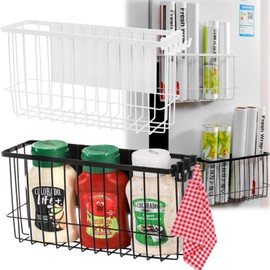 Tlence 2 Pack Magnetic Refrigerator Baskets, 10"x6"x3" Fridge Spice Rack Organizer with Hooks, Strong Magnet Metal Storage Shelf Holder, Adhesive Locker Holder on Whiteboard for Sponge Recipe Wrap