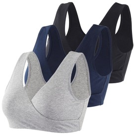 Topwhere Women's Cotton Wireless Sleep Bra for Nursing and Maternity, Black+grey+navy Blue, X-Large