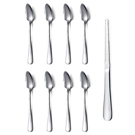 HOMQUEN Grapefruit Spoons 9 Pieces Set, 8 Stainless Steel Grapefruit Spoon and 1 Grapefruit Knife with Titanium Plating, Grapefruit Utensil Set, Serrated Edges Spoon Pack of 9 (Silver)