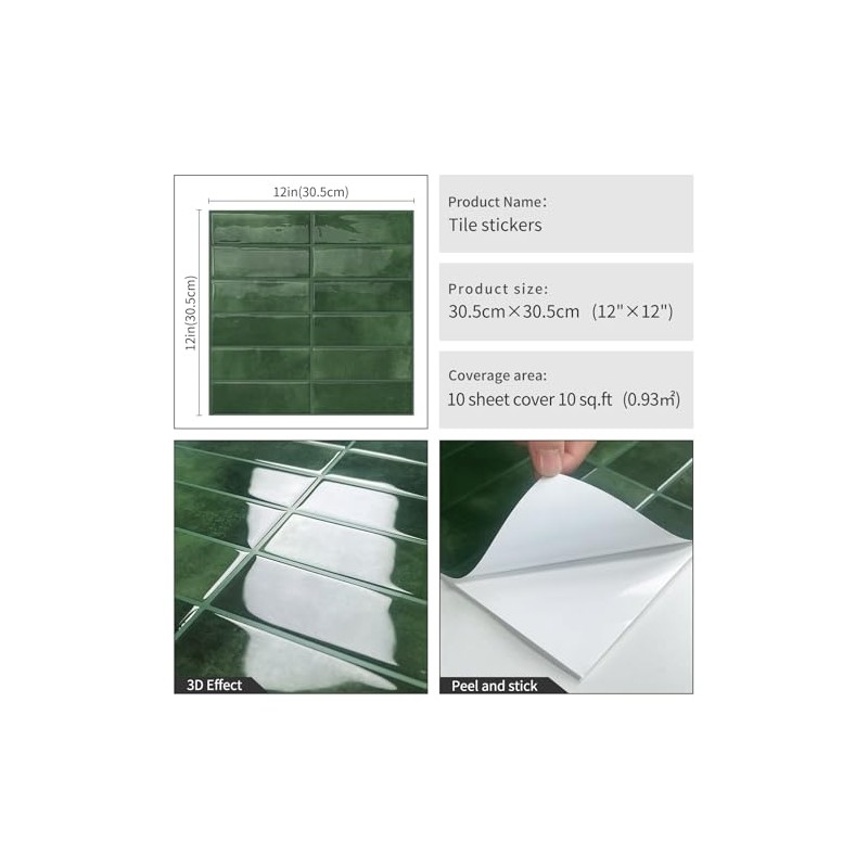 DEWOO Peel and Stick Subway Backsplash Green Kitchen Bathroom Rectangle