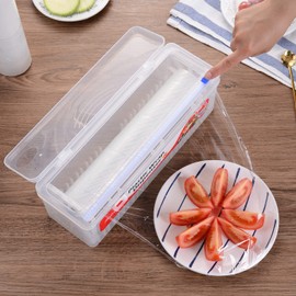 Clear Refillable Plastic Wrap Dispenser with 12'' X 492' of BPA Free - Reusable Slide Cutter for Cling Wrap, Tin/Aluminum Foil and Baking Paper.(Cutting Box + Film） (Clear Dispenser-01)