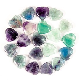 20 PCS Fluorite Crystal Heart of Stone Natural Polished Worry Stones Healing Crystal Pocket Palm Stones for Home Decoration and Jewelry Making