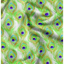 Soimoi Green Poly Crepe Fabric Peacock Feather Print Fabric by Yard 42 Inch Wide