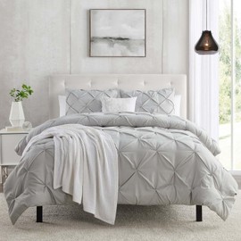 Silver Duvet Cover Queen Size 3 Piece Pintuck Comforter Cover - 1 Duvet Cover 90x90 Button Closure with 2 Pillow Shams - Ultra Soft Microfiber Bedding Pinch Pleated Queen Duvet Cover Set