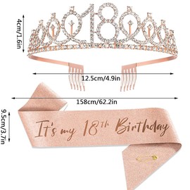 Topfunyy 18th Birthday Tiara and Sash Set - 18 & It's my 18th Birthday Rose Gold Sash Crystal Crown Birthday Gift for Girls 18th Birthday Party Supplies