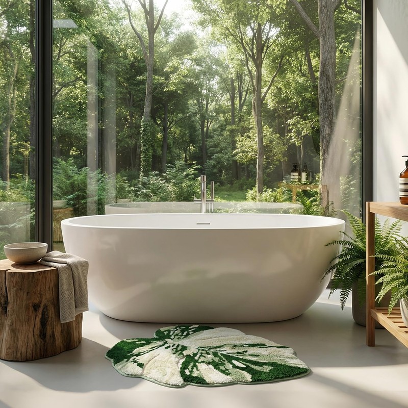 VivaNest Luxury Sage Green Leaf Bathroom Mat Monstera, 32.3"x36.6" Extra