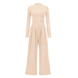 PRETTYGARDEN Jumpsuits For Women Dressy Casual Fall Fashion 2025 Long Sleeve Mock Neck Romper Business Work One Piece Outfits (Beige,Medium)