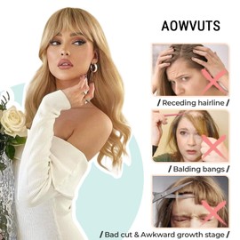 AOWVUTS Clip-In Fringe Hairpiece Clip in Bangs One Piece Human Hair Fringe Bangs with Temples Natural Extensions Thick Fake Clip Pony Hairpieces for Women