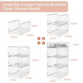 4 Pack Sliding Closet Organizers and Storage, Stackable Closet Storage Shelves, Pull Out Clothes Storage Organizer Baskets/Containers/Drawers with Dividers for Wardrobe (White-Sturdy Wire Metal Frame)