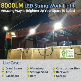 Owleye 50FT Led Work Light 85W 8000LM Waterproof Construction String Lights Linkable Temporary Work Lighting Outdoor Indoor Worklight (5 Light Heads)