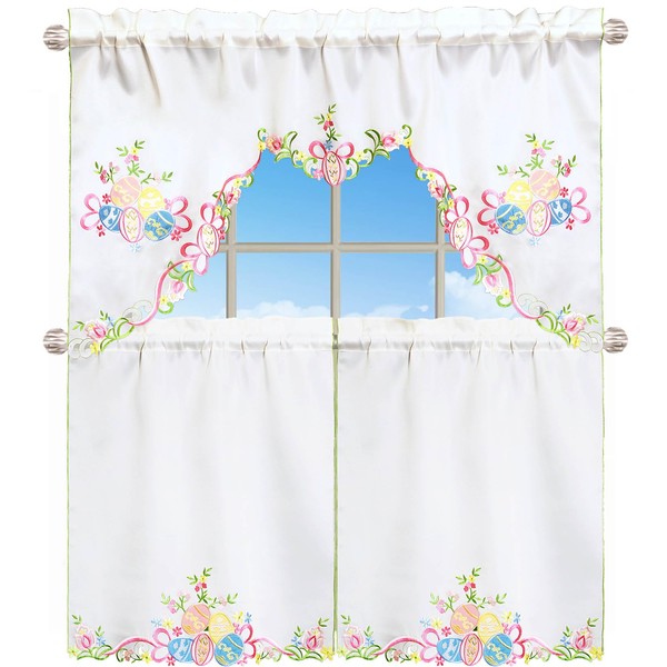 Grelucgo Embroidered Rod Pocket Kitchen Window Swag and Tiers Curtain