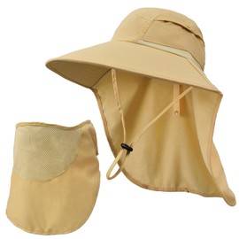 Sun Hats for Men Women Detachable Face Cover Wide Brim Fishing Hats with Neck Flap UPF 50+ Outdoor Safari Hats Khaki