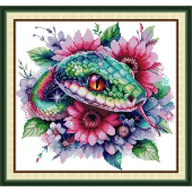 IUHUI 14ct Cross Stitch Set, Pre-Printed for Beginners, Adults, Flower Snake DIY Cross Stitch Embroidery Kits Embroidery Fabric Templates