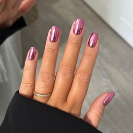 Mirror Metal Light Pink Press on Nails Medium Short Square Chrome Glazed Short Gel Nails Press ons Shiny Plating Nails Acrylic Nails Reusable Thick Fake Nails for Women Glue on Nails Medium Length