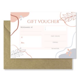 10 x Blank Gift Vouchers & Envelopes - Double Sided Abstract Rose Gold Leaf Design Tokens - Salon, Beauty, Hair, Massage, Lashes, Nails