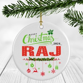 Christmas Tree Ornaments for Baby's First Christmas Ornament 2024 with Name Raj Ornament - Newborn Baby Ornament 3 inches White Plastic