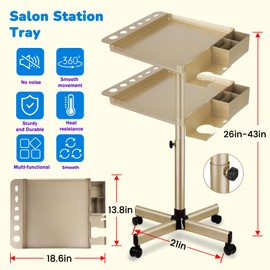 Salon Rolling Tray on Wheels with Adjustable Height - Salon & Spa Service Tray for Hair Stylist, Tattoo & Dental Use (Gold)
