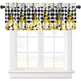 Nitmbi Farmhouse Dwarfs Curtains Short and Valance for Kitchen,Rustic Daisy Floral Bees Pattern Drapes Window 1 Panel Rod Pocket Cafe Curtains Valance for Home Decor 54x18inch