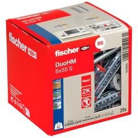 fischer DuoHM 6 x 55 S TX Cavity Dowels with Metric Panhead Screw and TX Drive for Fixing TV Brackets, Lights, Wall Shelves, etc. in Panel Building Materials, Pack of 25