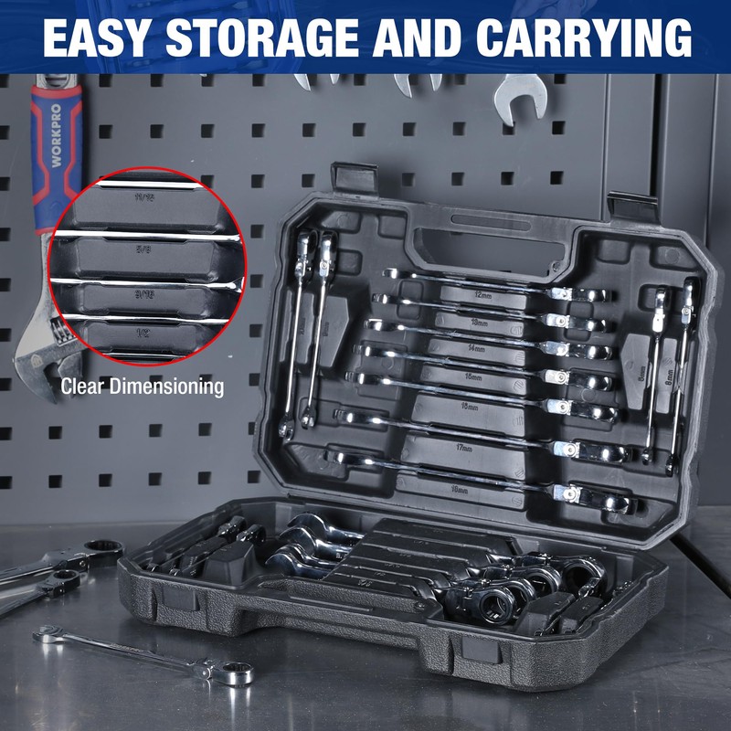 WORKPRO 22-Piece Ratcheting Wrench Set, Flex-Head Ratchet Combination Wrench Sets