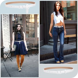 XZQTIVE Black Skinny Belt for Women Jeans Thin Leather Waist Belt with Black Metal Prong Buckle, 3 white