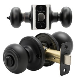 Copper Creek Matte Black Door Knobs - Round Colonial with Privacy Locking Function for Home Improvement - Interior Door Knobs Fits All Standard - Locking Door Knob for Bedroom & Bathroom - 1 Pack