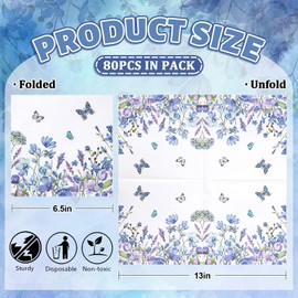FYSUIMU 80 Pcs Blue Floral Paper Napkins Watercolor Wildflower Butterfly Disposable Napkins Flower Blossom Luncheon Dinner Napkins for Spring Summer Party Table Supplies