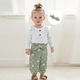 LYSINK Newborn Baby Girl Fall Winter Clothes Infant Ruffle Long Sleeve Romper and Pants Cute Daisy Outfits (01Green, 3-6 Months)
