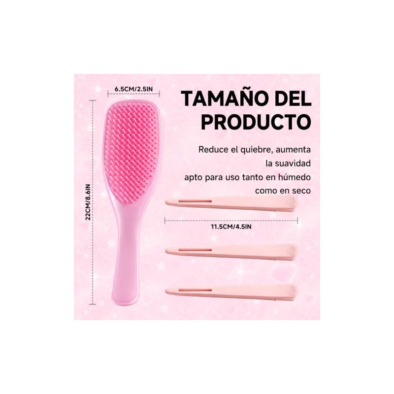 Cepillo Desenredante para Cabello con Pinzas, Kit Peinado Mujer Rosa