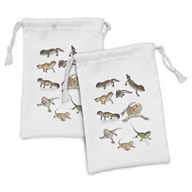 Ambesonne Reptile Fabric Pouch Set of 2, Colorful Staring Leopard Gecko Family Image Prehistoric Reptiles Wildlife Print, Small Drawstring Bag for Toiletries Masks and Favors, 9" x 6", Multicolor