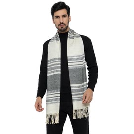 AMOLDO Men's Winter Scarf Warm Long Soft Scarf Plaid Tassel Soft Thick Cold Weather Scarves For Men (Striper Design) (Dark cream)