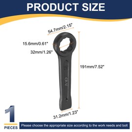 HARFINGTON Box End Striking Ring Wrench 32mm Metric CR-V Steel 12-Point Flat Strike Wrench Baking Paint Single Head Spanner Hand Tool for Mechanical Automotive Repair