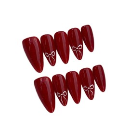 Handmade Red Press On Nails - Medium Almond Gel Acrylic 10pcs - Glossy Bow Design Reusable (Dark Rose Collection, Size S)