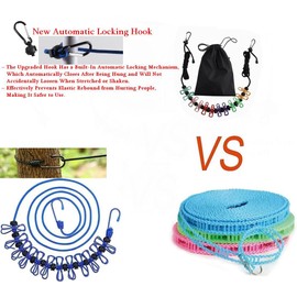 Retractable Portable Clothesline – Travel & Camping Laundry Drying Line with 12 Colorful Clips & Stainless‑Steel Hooks, Stretchable 10–12 ft Cord, Indoor/Outdoor (Color)