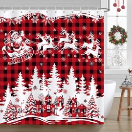 COZZSNUGE Christmas Shower Curtain, Red Buffalo Plaid Santa Claus Reindeer Xmas Village Winter Shower Curtain for Bathroom Waterproof Polyester Fabric with 12 Hooks, 72 x 72 Inches