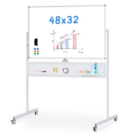 Rolling Whiteboard 48 x 32, Maxtek Large Mobile White Board on Wheels, Double-Sided Easel with Pegboard, Height Adjustable Dry Erase Board with 2 Hooks and 2 Trays for Home, Office & Classroom