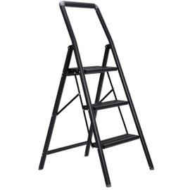 BIRDROCK HOME 3 Step Slim Aluminum Step Ladder - Sturdy Thin Folding Stool - Anti-Slip Steps - Great for Your Kitchen, Pantry, Closets, or Home Office - Indoor Stool - Black