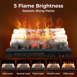 Joy Pebble Electric Fireplace Log Heater 750W/1500W, 20" Electric Fireplace Insert Log Set, Adjustable 5 Flame Brightness&Speed,4 Sound of Flame,Remote Control&8H Timer for Home Room